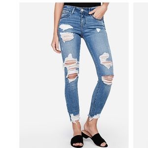 Mid Rise Medium Wash Ripped Ankle Leggings